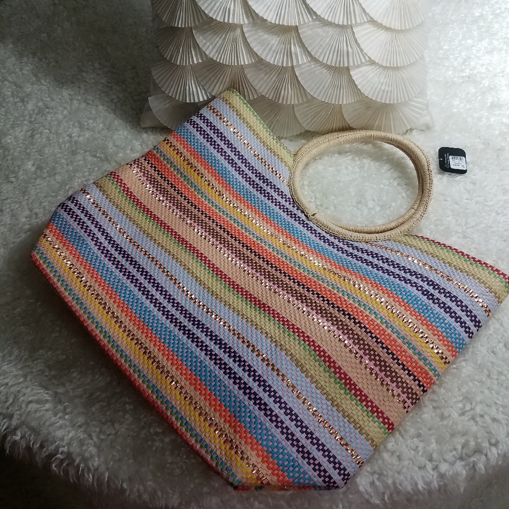 New Avenue Bright Multicolored Straw Tote - Picture 2 of 8